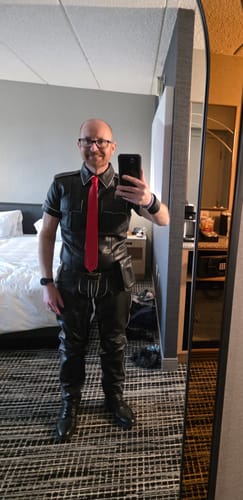Customer photo review of Gay Leather Pants with White Accent