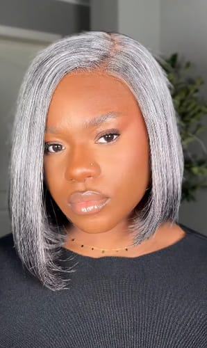 Customer photo review of Luvwin 5x5 Salt And Pepper Glueless Gray Color Pre-Cut Lace Straight Bob Wig For Black Women