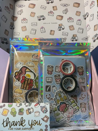 Customer's Oopsie Mystery Bag showing two holographic pouches filled with stickers and washi tape inside an open box.