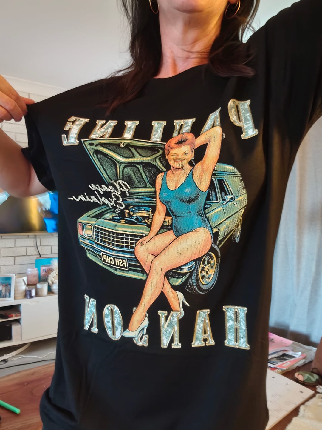 Customer photo review of Please Explain Pauline Hanson Tee Black