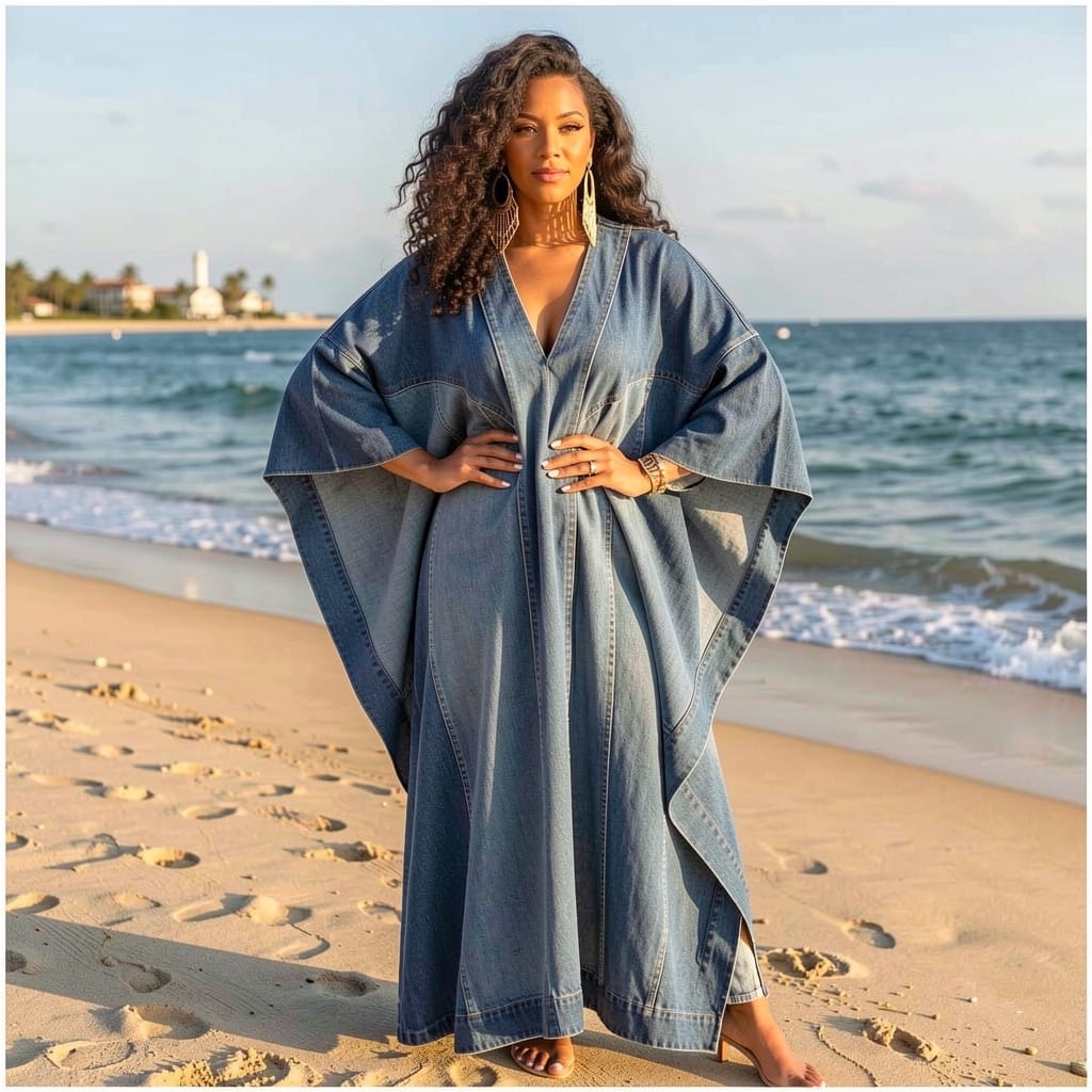 Customer photo review of Washed Denim Texture Print V-neck Long Kaftan Dress