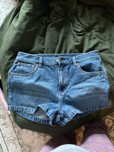 Customer photo review of Zoe Mid-Rise Denim Mini Shorts