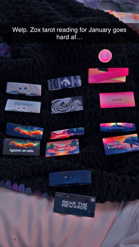 Customer's ZOX Diamond Mystery Pack contents arranged in a tarot-style spread on a dark blanket.