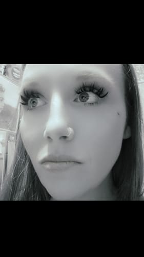 Reviewer's black and white close-up showing the long, fluffy Bunny lashes.