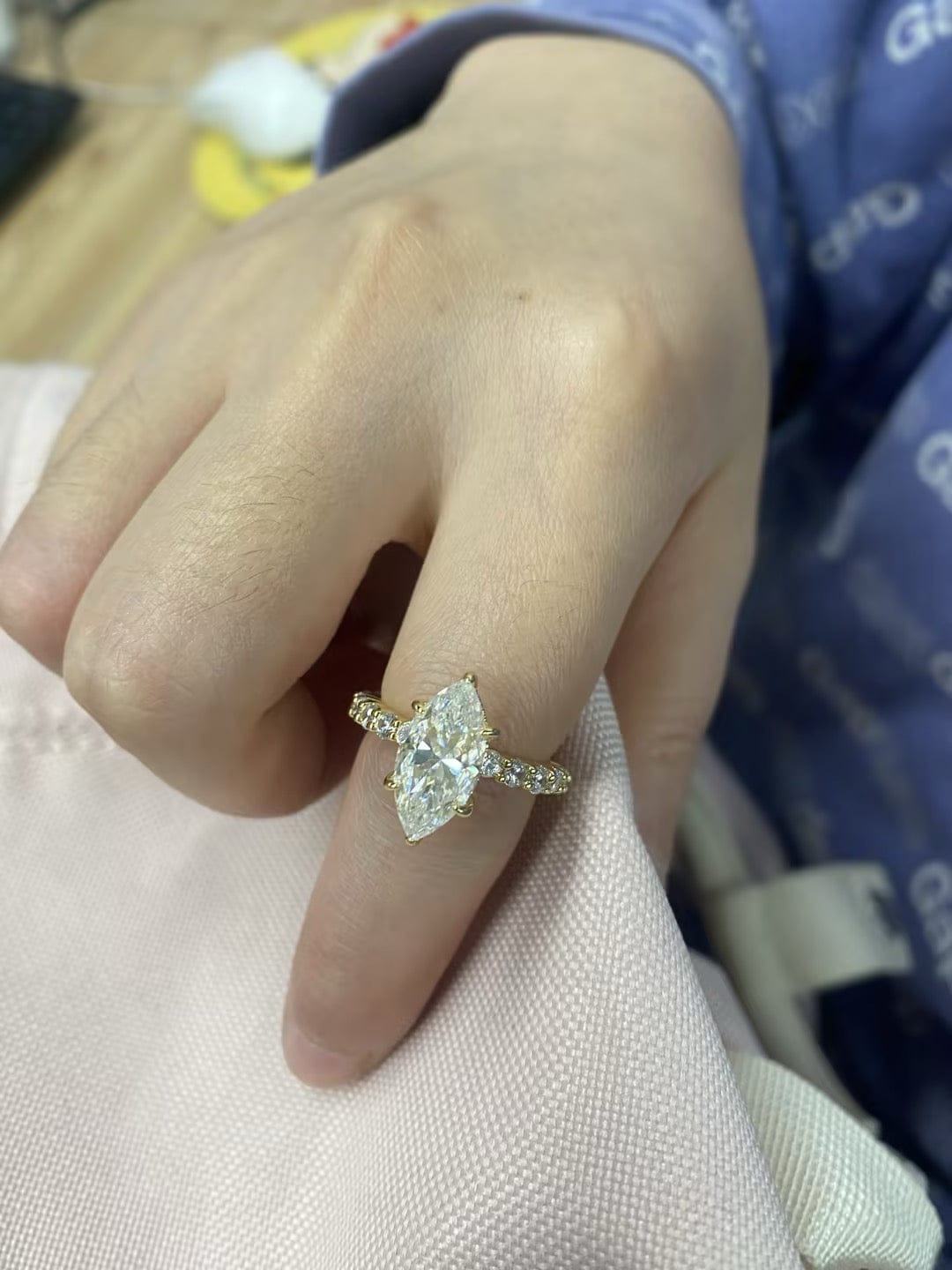 Customer photo review of S925 Moissanite 3.0 Ct Marquise Cut Side Stone Yellow Gold Engagement Ring/Wedding Set In Sterling Silver