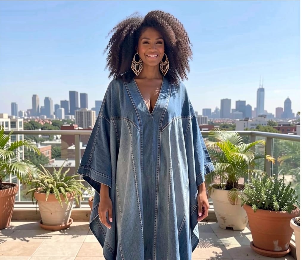 Customer photo review of Washed Denim Texture Print V-neck Long Kaftan Dress