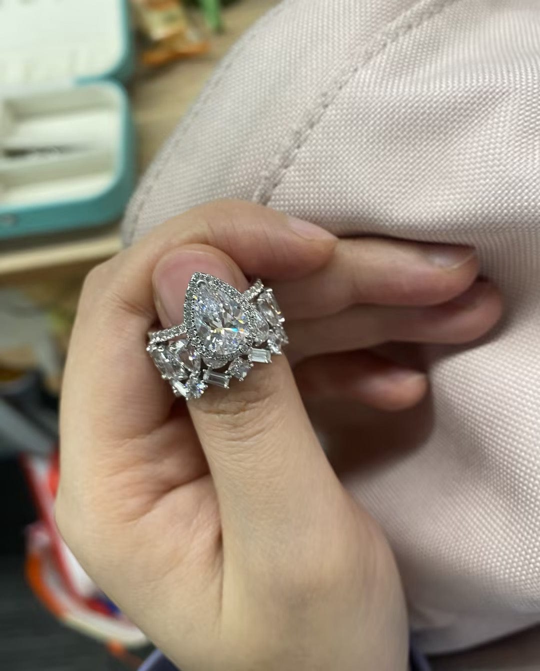 Customer photo review of S925 2.2 Carat Halo Pear Cut Wedding Ring Set With Two Luxurious Wedding Bands For Women