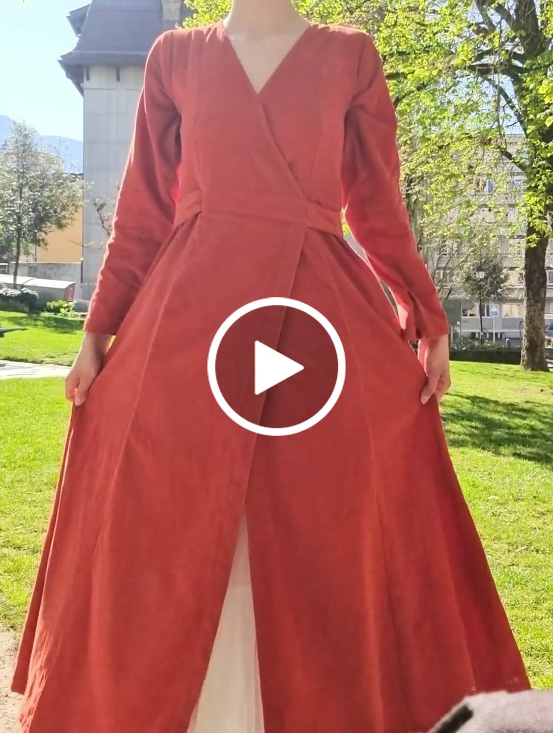 Customer video review of Orange Warm Cotton Corduroy Deep Neck Midi Wrap Dress