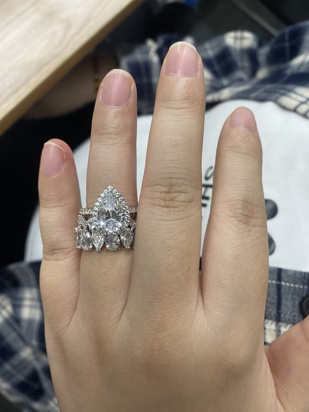 Customer photo review of S925 2.2 Carat Halo Pear Cut Wedding Ring Set With Two Luxurious Wedding Bands For Women