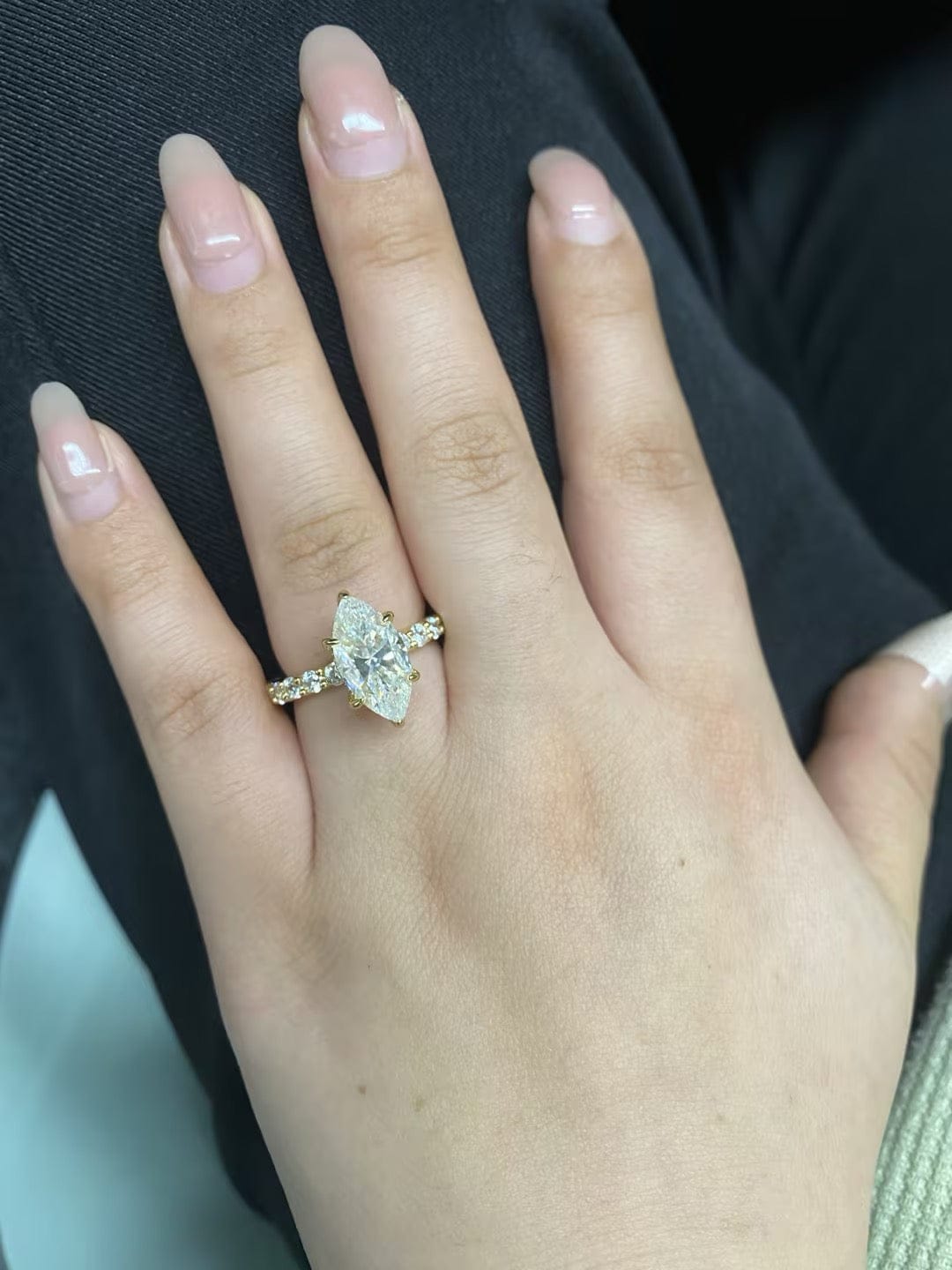 Customer photo review of S925 Moissanite 3.0 Ct Marquise Cut Side Stone Yellow Gold Engagement Ring/Wedding Set In Sterling Silver