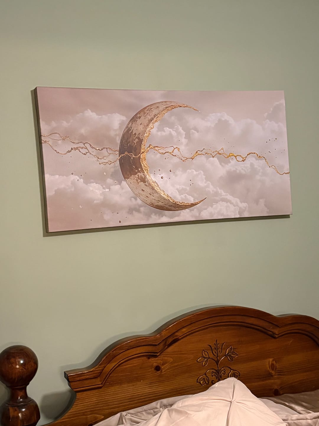 Customer photo review of Golden Crescent Moon Among Clouds Wall Art – Elegant Sky Dream Canvas