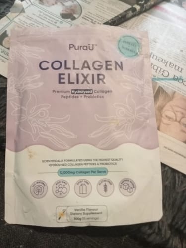 Customer's light purple and white pouch of PuraU Collagen Elixir.
