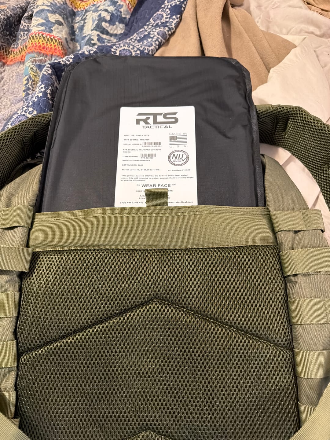 Customer photo review of RTS Tactical Commander Level IIIA (HG2) Backpack Panel Insert