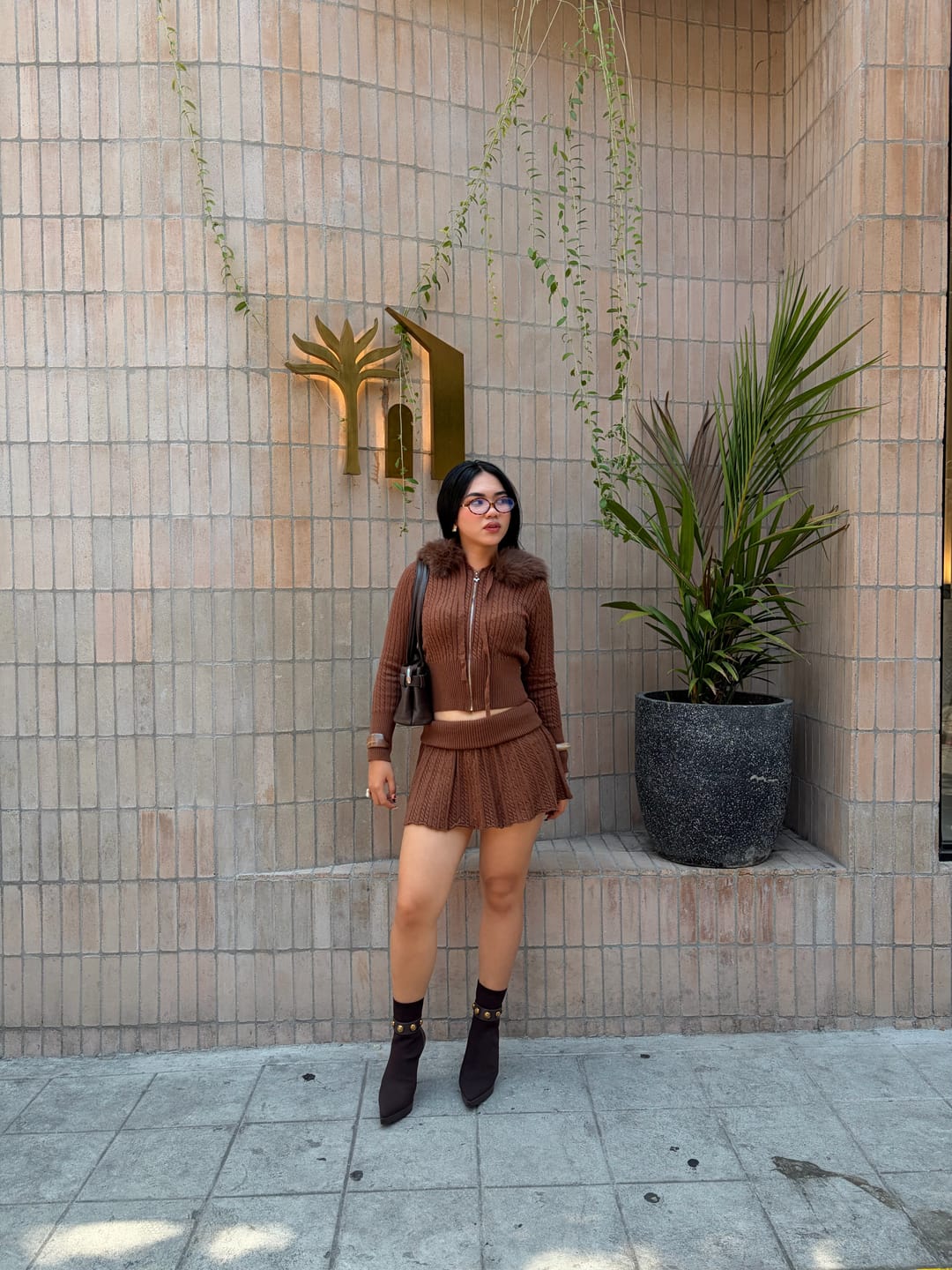 Customer photo review of Fur Trim Mocha Cable Knit Set (Brown)