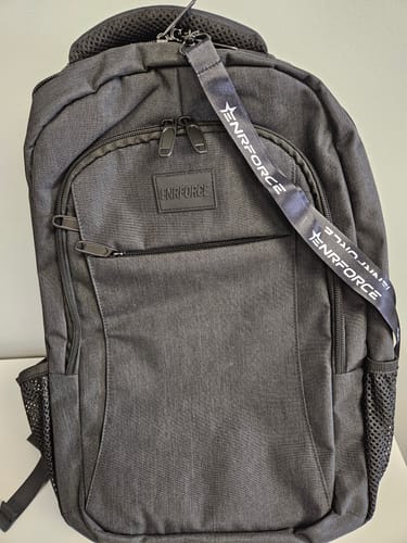 Customer's dark gray ENRFORCE backpack, part of the Mystery Loaded Backpack, with a matching lanyard.
