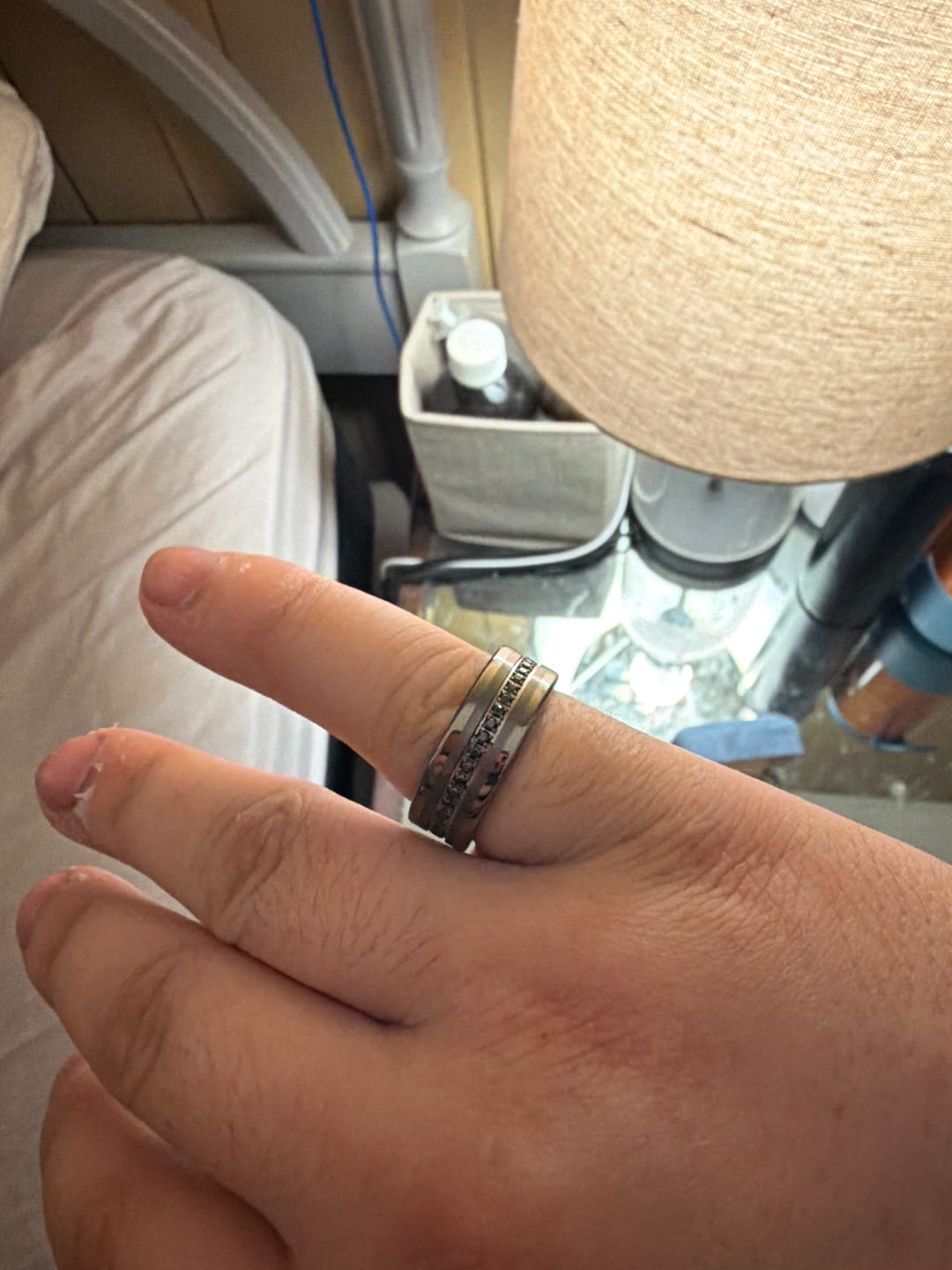 Customer photo review of 8mm - Mens Gunmetal Tungsten Wedding Band, Brushed CZ Diamonds, Tungsten Ring