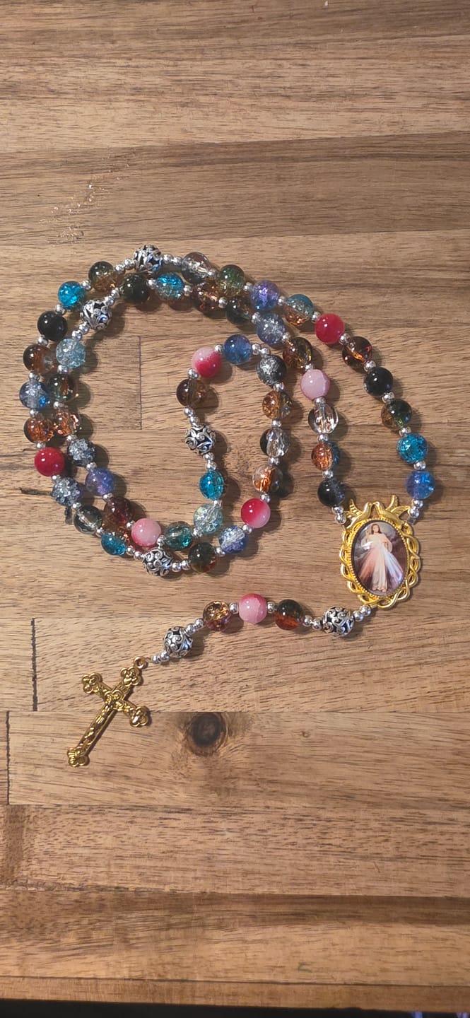 Customer photo review of FREE Today: Gradient Multicolor Glass Bead & Brass Crucifix Rosary with Divine Mercy Medal