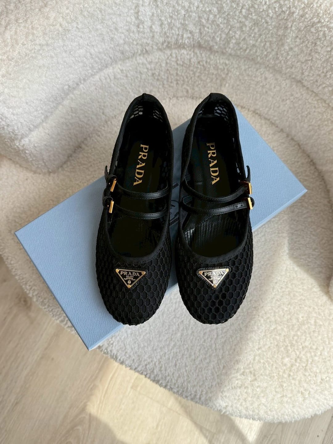 Customer photo review of Prada 2026 Mary Jane Ballet Flat Mesh Sheepskin 715612