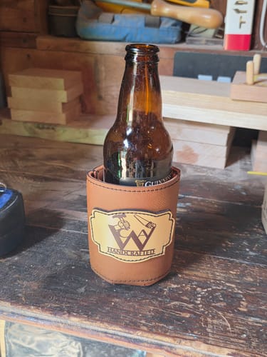 Customer photo review of Custom Leather Koozies Can Cooler Sleeves Neoprene Authentic Leather Patch