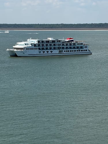 Reviewer's photo of the river cruise ship for their trip, where they plan to use the Smart Lock on luggage.