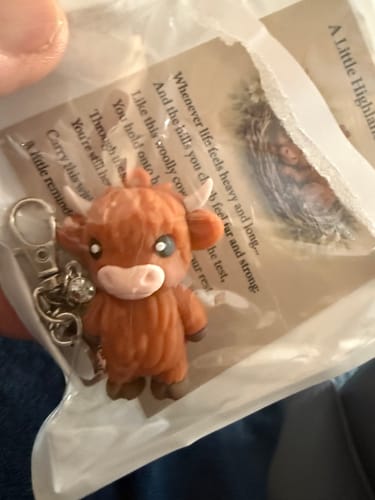 Reviewer's Highland Cow keychain in its original clear packaging, with the sentiment card visible behind.