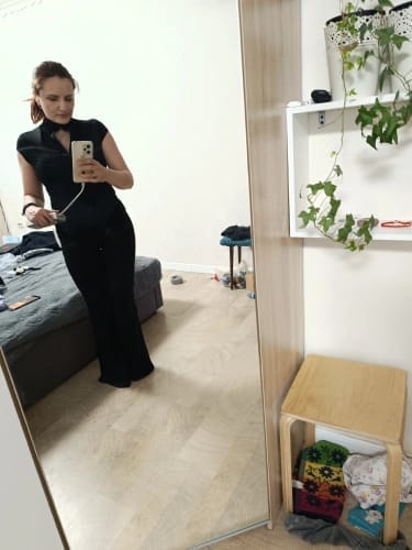 Customer photo review of Ahagaga Sexy Women's Sets Short Sleeves Hollow Out Skinny Zipper Basic 2Pcs (Tops+Long Pants) High Street Turtleneck Reacksuits