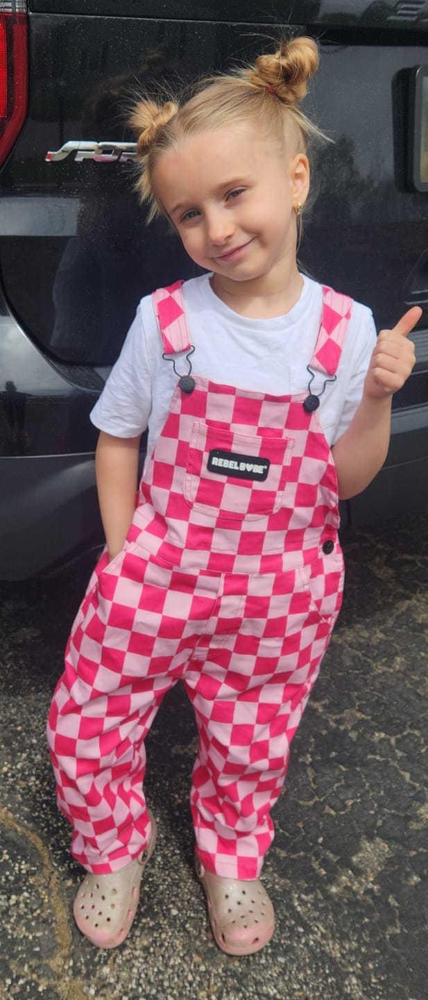 Customer photo review of Overalls in Bubble Gum Checkered