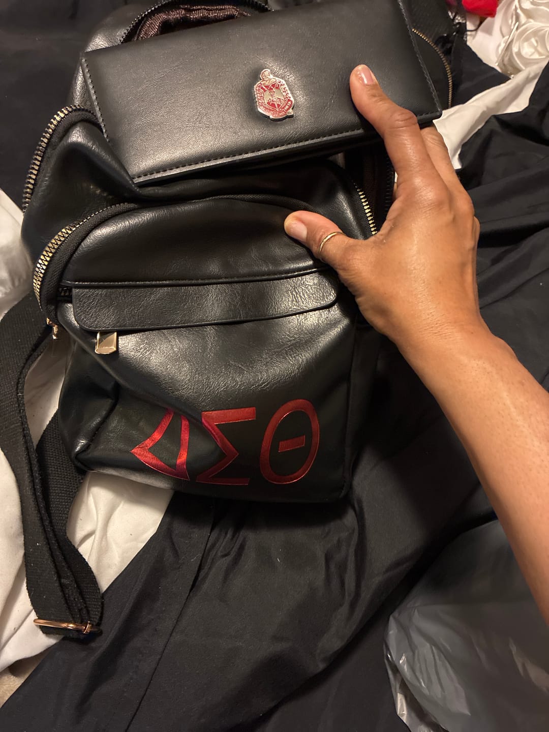Customer photo review of Dst Greek Letter - Vegan Leather Sling Backpack