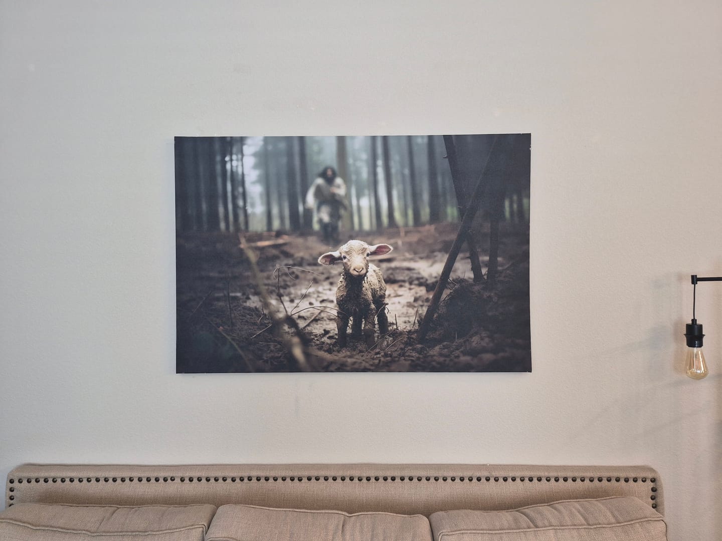 Customer photo review of Jesus Running After a Lost Lamb, Jesus and Lamb Picture, Wall Art Canvas