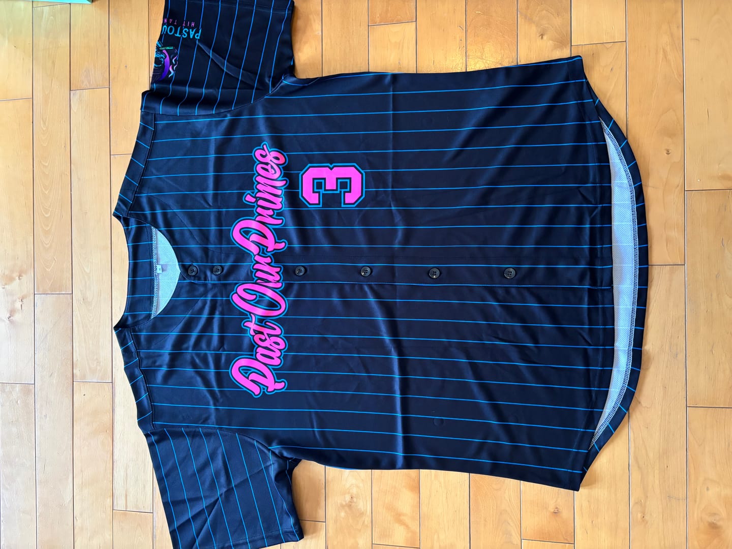 Customer photo review of Custom Black Pink-Powder Blue Stripe Fashion Authentic Baseball Jersey