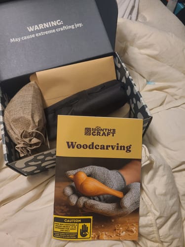 Reviewer's open This Month's Craft DIY Subscription Box, showing the woodcarving guide and supplies on a bed.