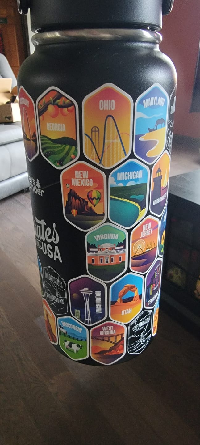 Customer photo review of Lets Wander™ 50 States Of The USA Water Bottle + Stickers