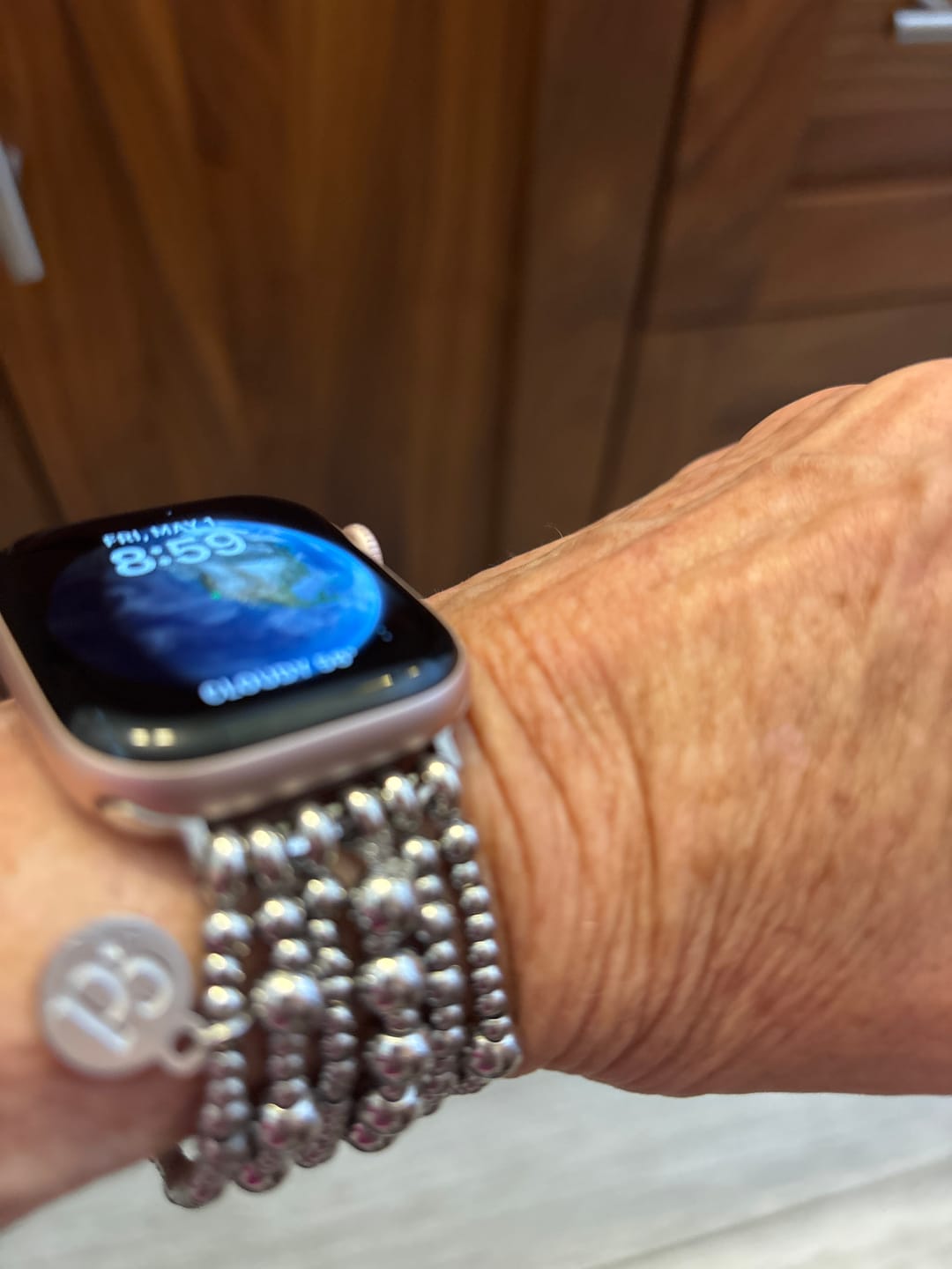 Customer photo review of Platinum Demure Stretch Apple Watch Strap