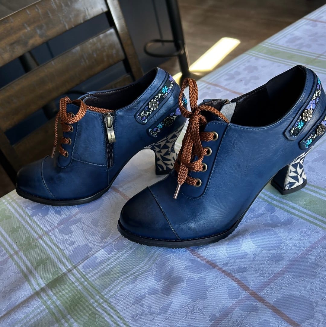 Customer photo review of Floral Embossed Lace-Up Heels