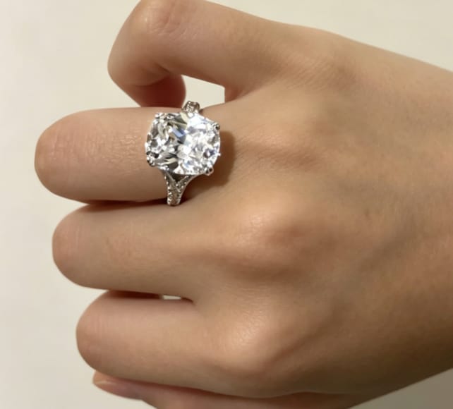 Customer photo review of S925 7.0Ct/4.0Ct Split Shank Cushion Cut Engagement Ring 18K White Gold Plated Travel Rings with Pavé Accents