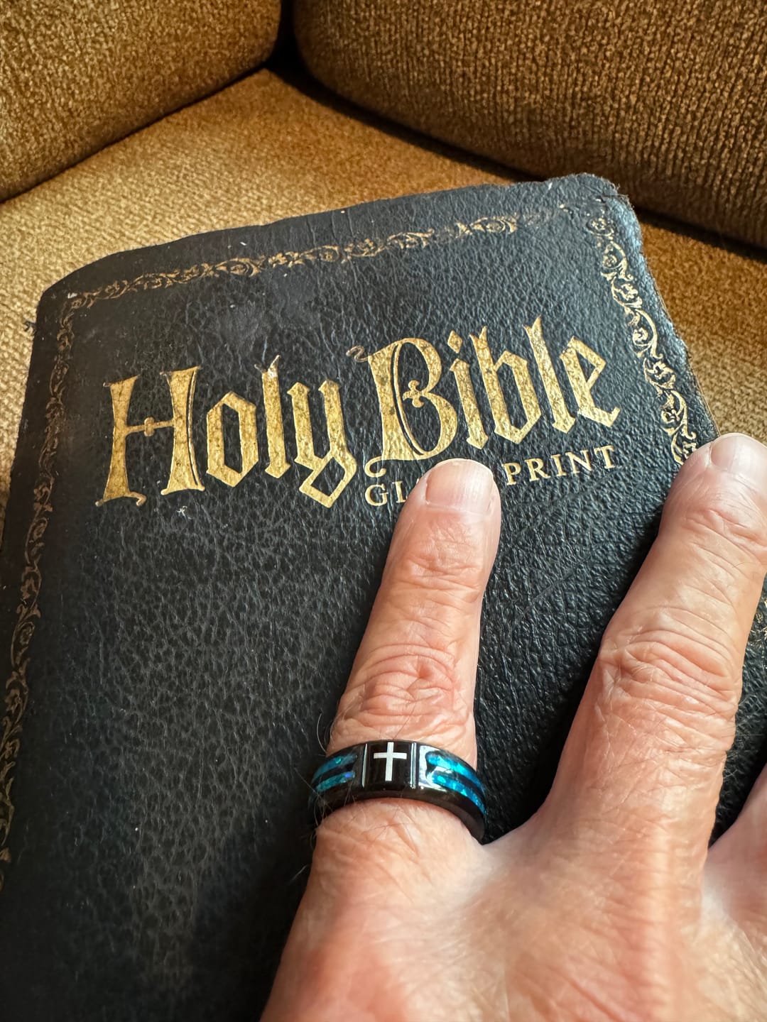 Customer photo review of FREE Today: Modern Titanium Steel Cross Ring with Laser Blue Inlay: Serenity in Christ's Blue Light