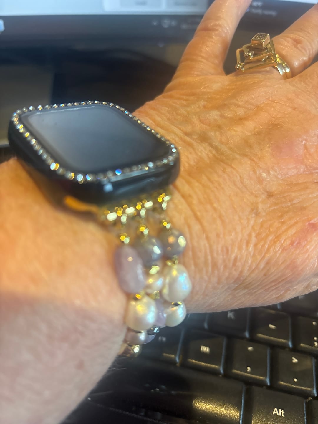 Customer photo review of Amethyst Pearl Cluster Stretch Apple Watch Strap