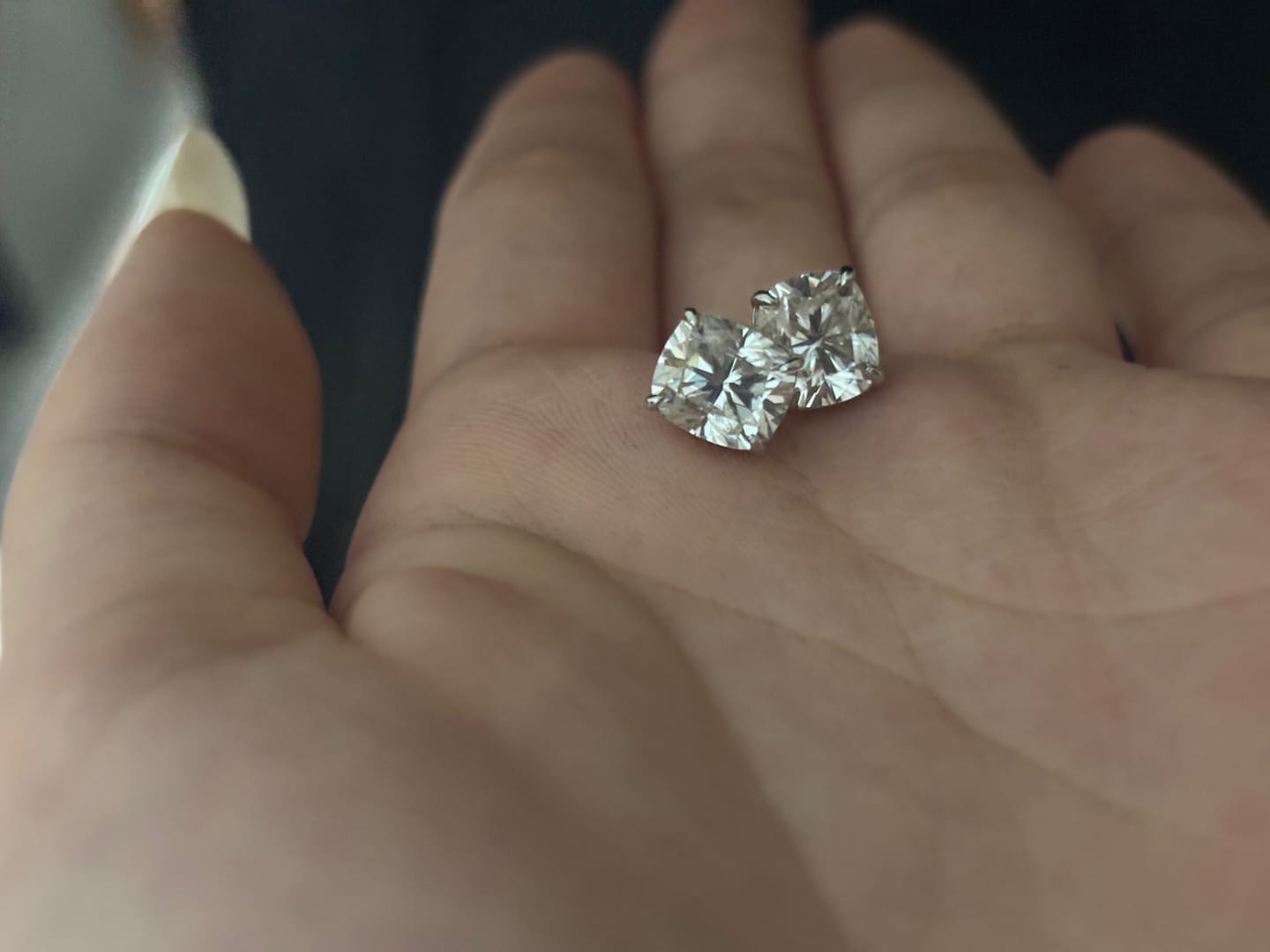 Customer photo review of S925 Moissanite 2.0Ct*2 Cushion Cut Women's Stud Earrings