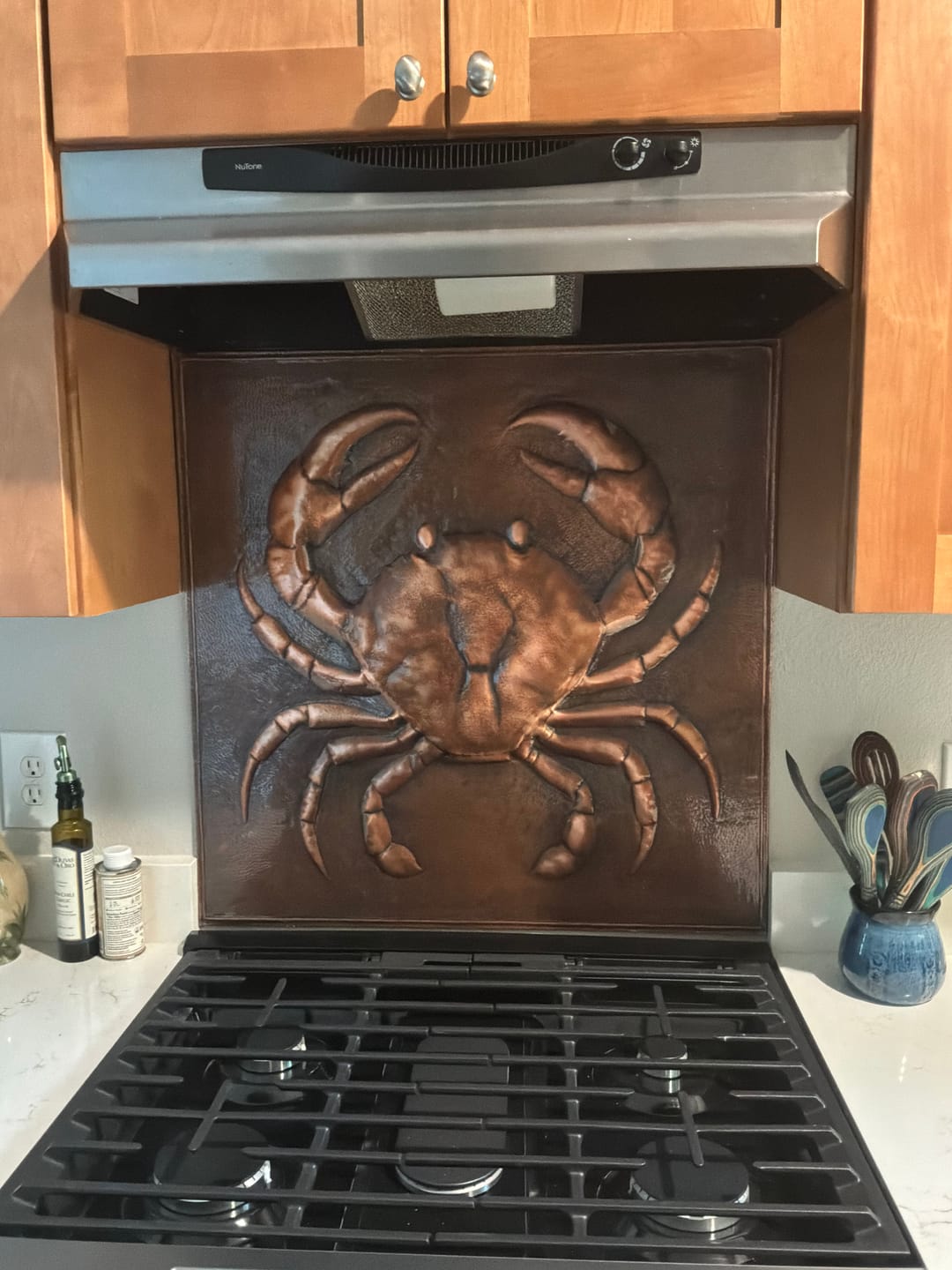 Customer photo review of Crab Relief Backsplash Panel (Handmade Metal, Custom Sizes & Finishes)