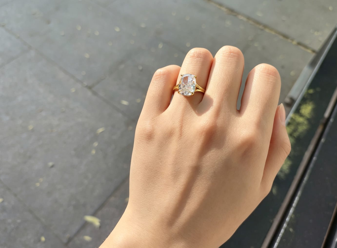 Customer photo review of S925 5.5Ct Cushion Cut Split Shank Engagement Ring Gold Plated Hidden Halo Bridal Ring For Everyday Wear