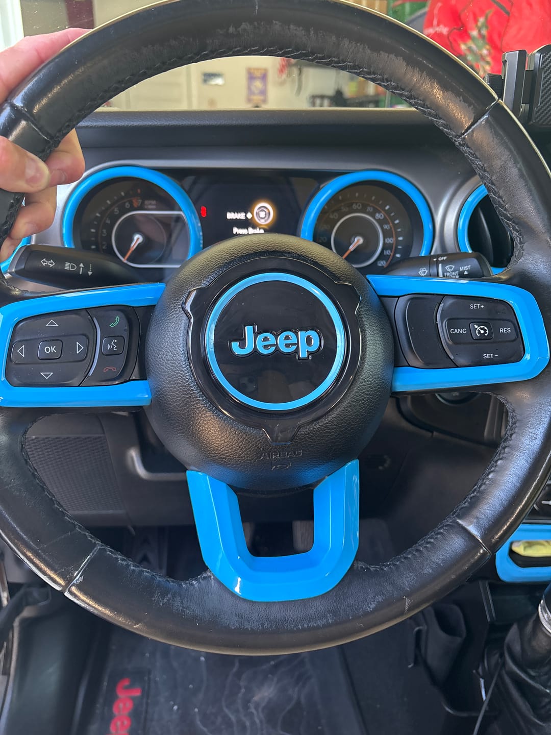 Customer photo review of JEEP Steering Wheel Emblem Overlay Decal — 30+ Colors & Designs (Flag, Topo, Animal, Solid)