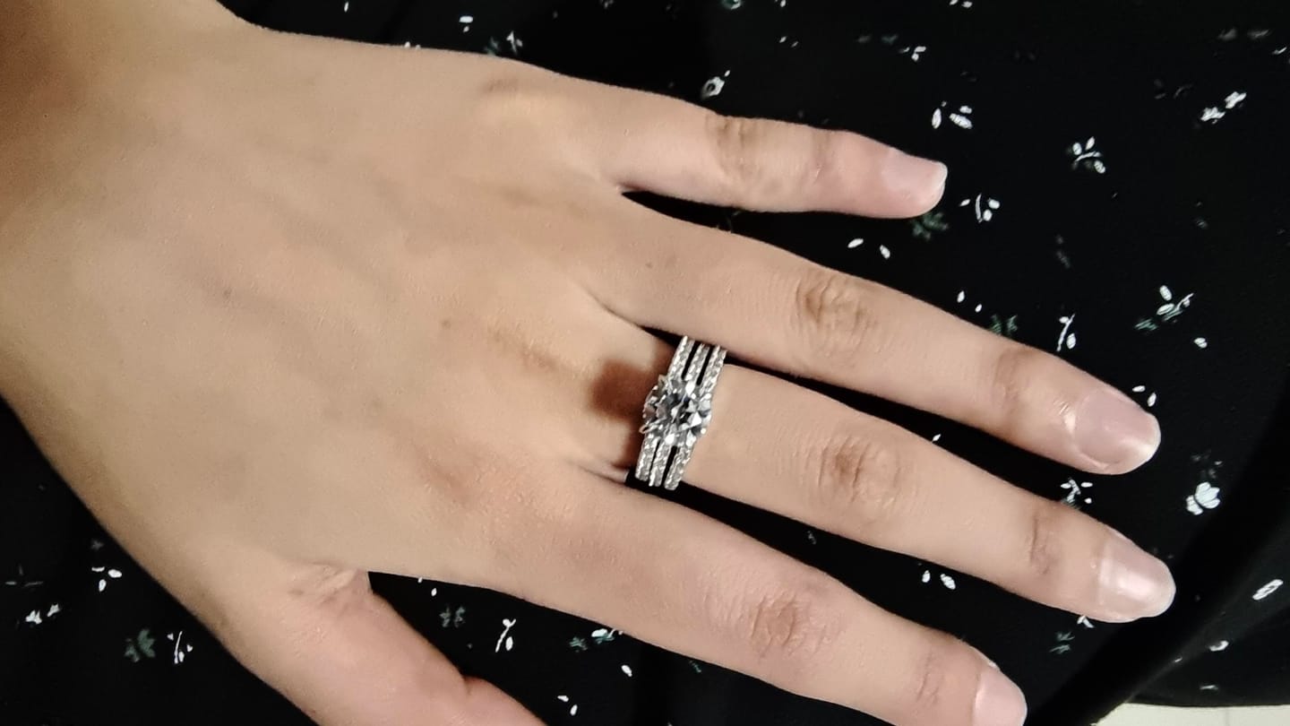 Customer photo review of S925 3PC Wedding Ring Set 2.0 Ct Round Cut With 2PC Half Eternity Wedding Band Stackable Wedding Rings