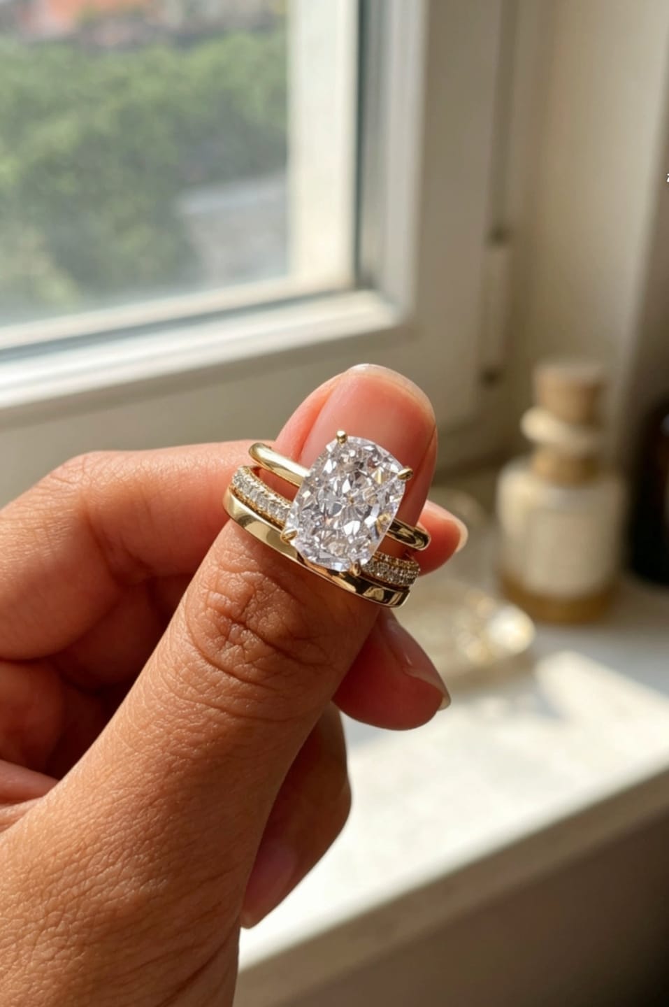 Customer photo review of S925 3PC Wedding Sets 6.5Ct Elongated Cushion Cut Wedding Ring Set With Classic Wedding Bands