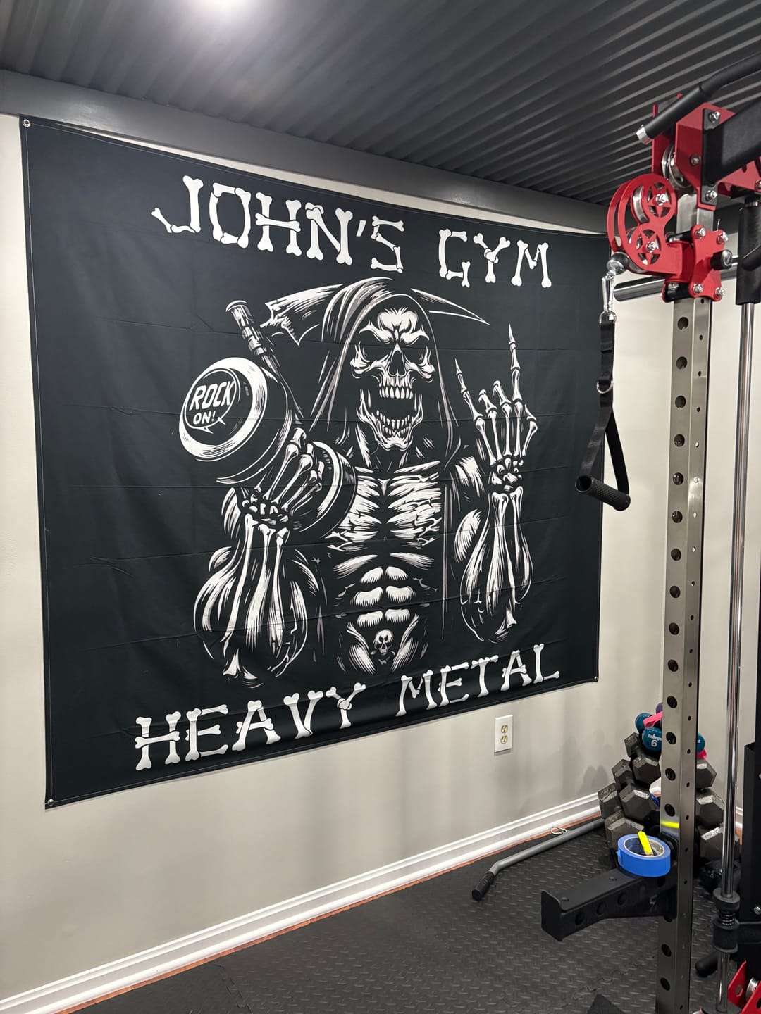 Customer photo review of Personalized Gym Flag Grim Reaper Heavy Metal 11335