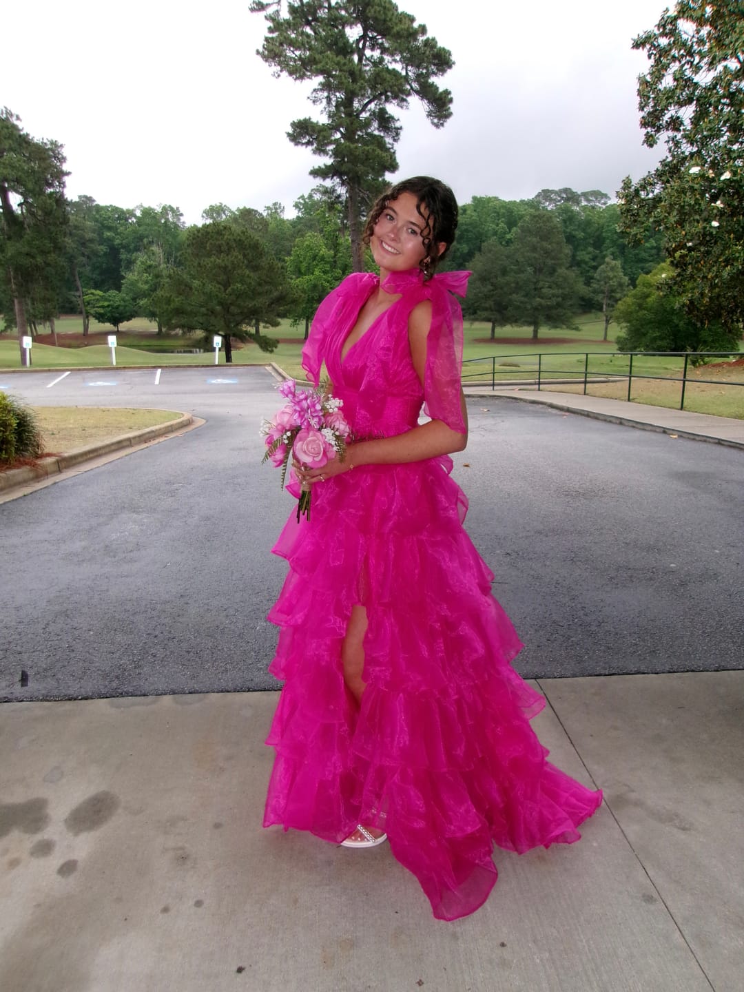 Customer photo review of Bow Tie Fuchsia Tiered Long Dress with Slit