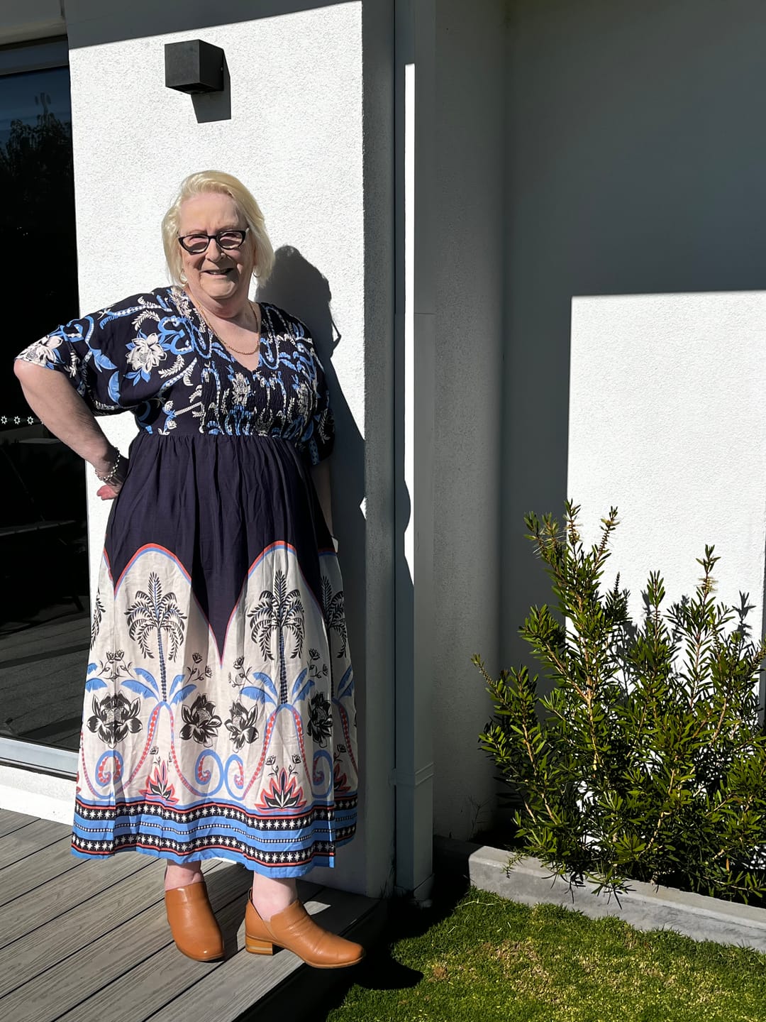 Customer photo review of Summer Nights Maxi Dress in Navy with Palm Tree Print