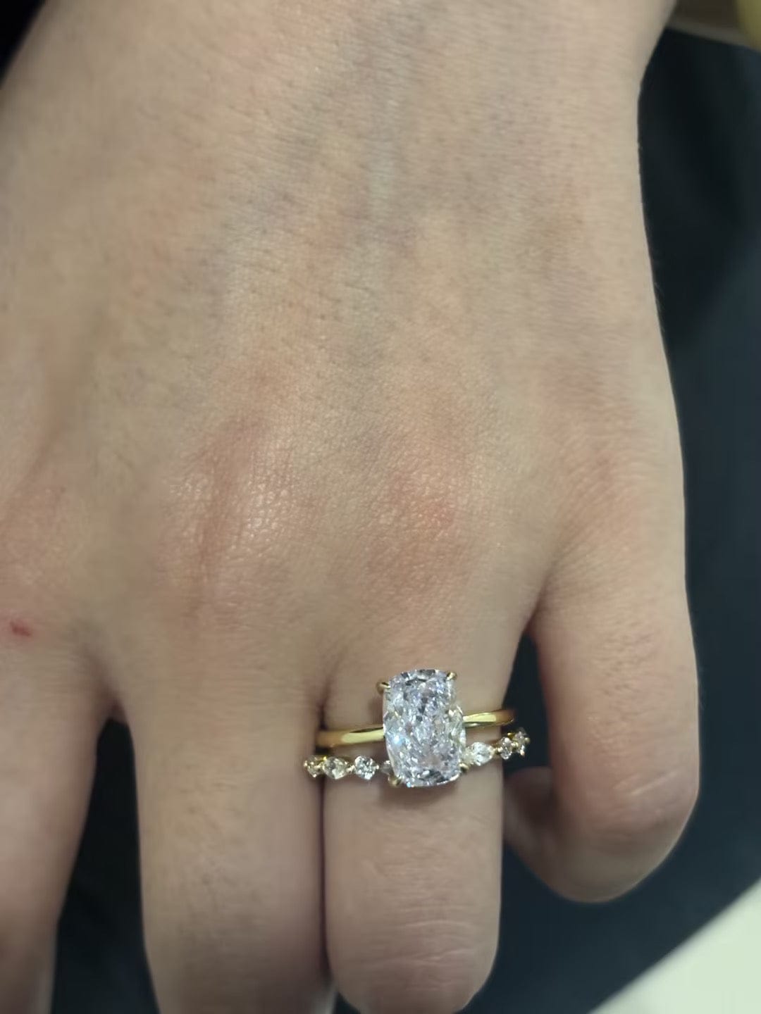 Customer photo review of S925 2PC 3.0Ct Cushion Cut Yellow Gold Engagement Ring Set with Marquise & Round Cut Band