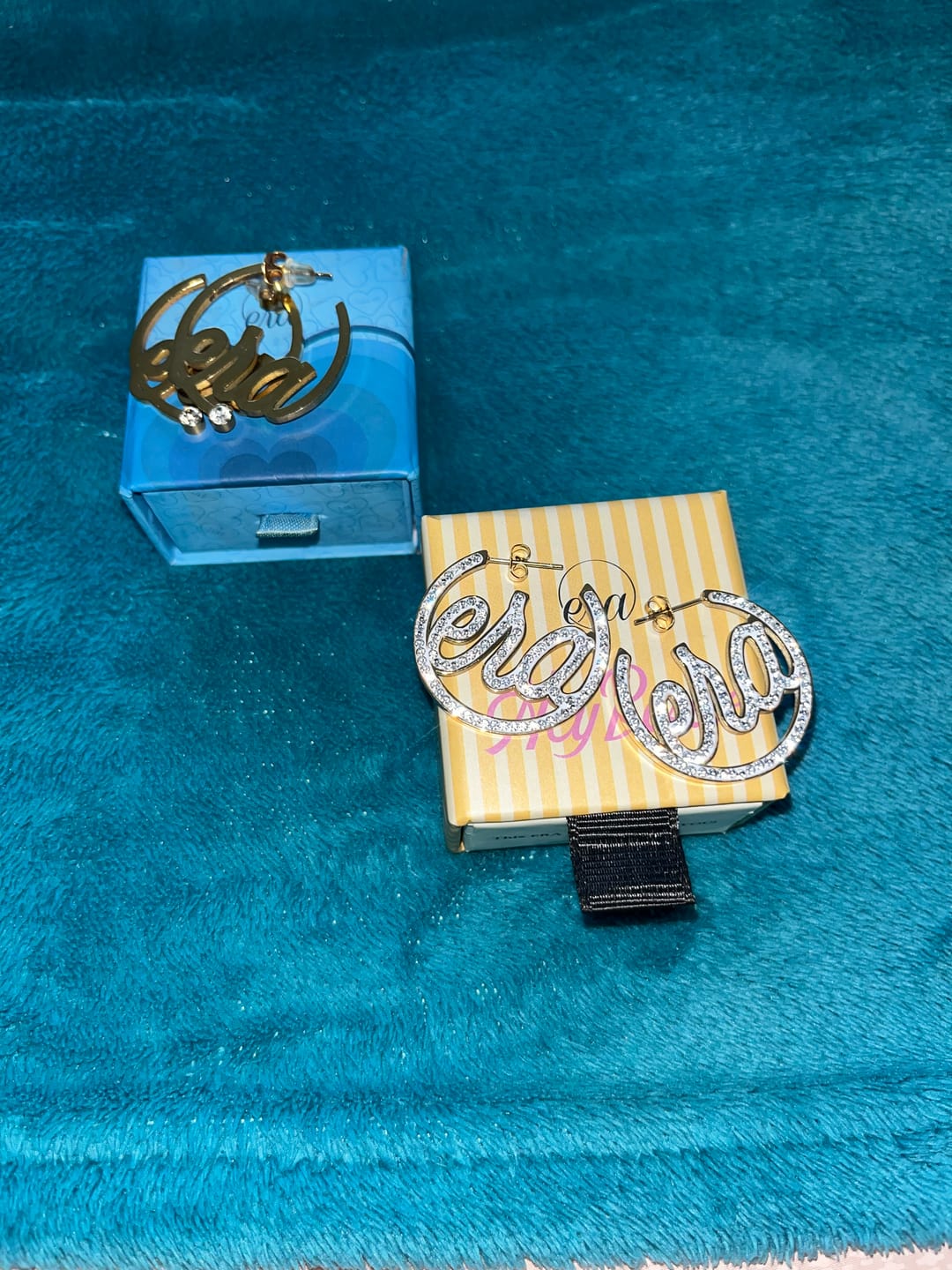 Customer photo review of Gold Luxe Mini Logo Hoops