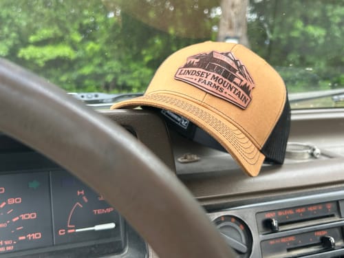 Reviewer's brown custom leather patch trucker hat resting on the dashboard of a car.