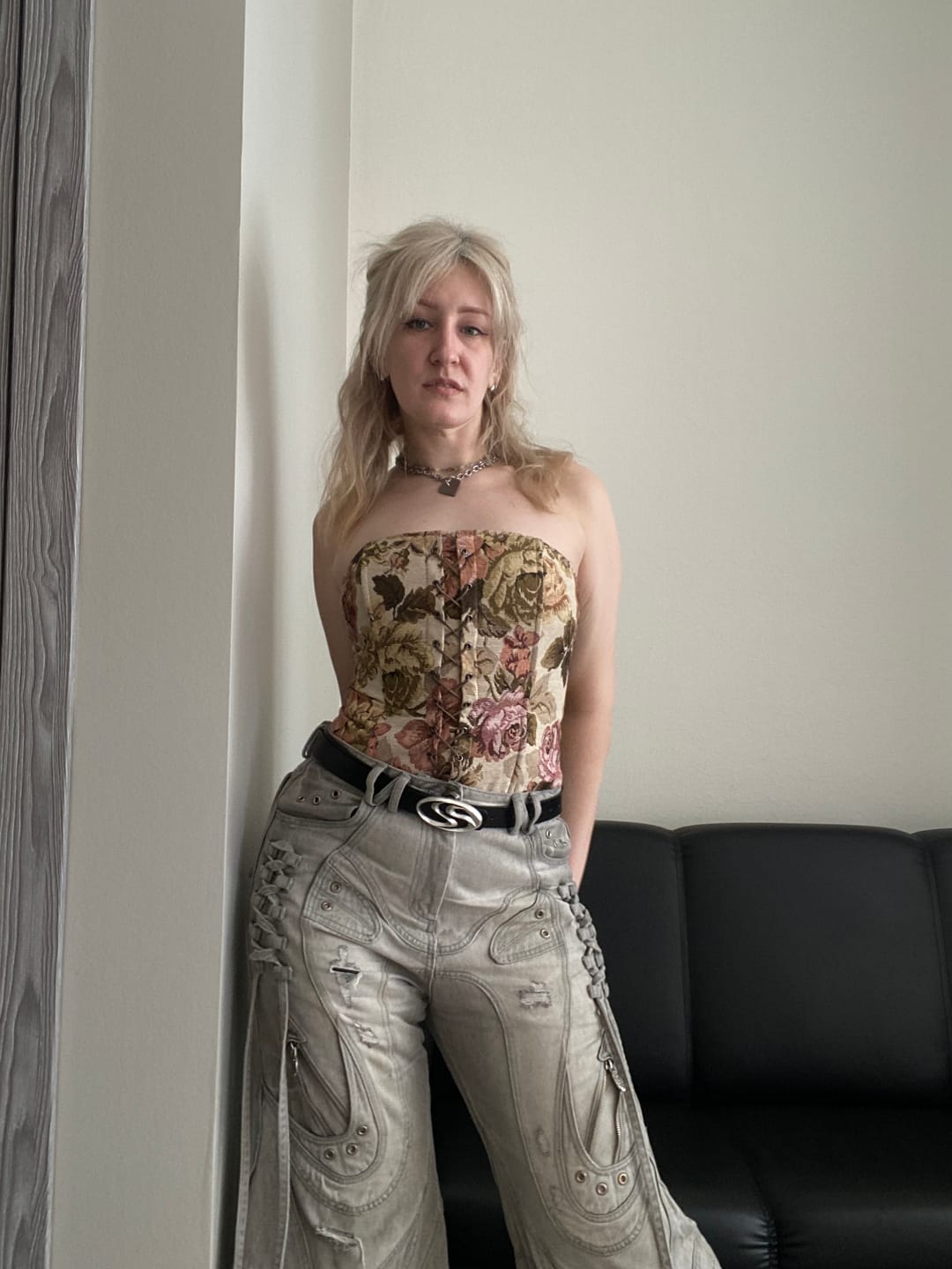 Customer photo review of Deconstructed Flared Patchwork Denim Jeans White